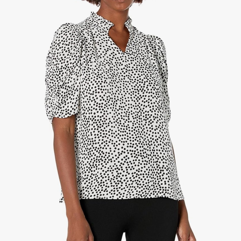 Lark & Ro Women's Georgette Half Sleeve Ruffle Neck Woven Blouse size Large